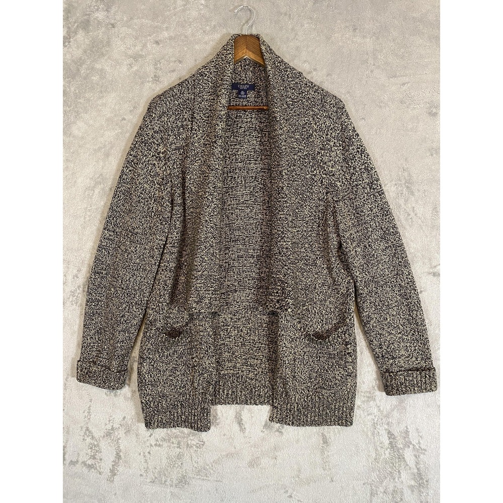 Chaps Sweater Womens Sz XLTan Black Marled Knit Shawl Collar Open Cardigan‎ Cozy